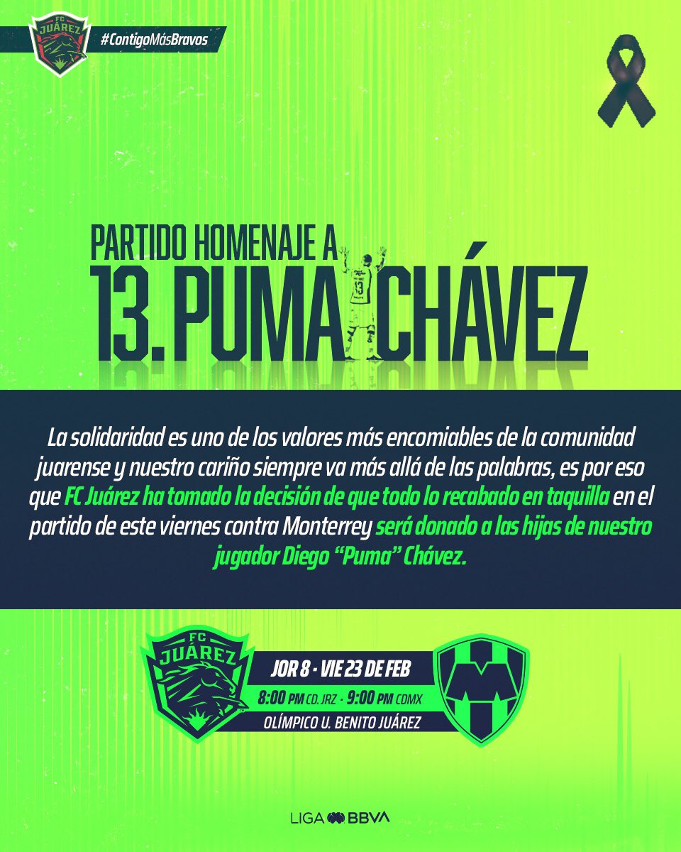 MarioAValdez's tweet photo. @fcjuarezoficial anuncia que la taquilla del partido de este viernes contra Monterrey será donada en su totalidad para las hijas del fallecido Diego el “Puma” Chávez. https://t.co/W11XkTqCfI