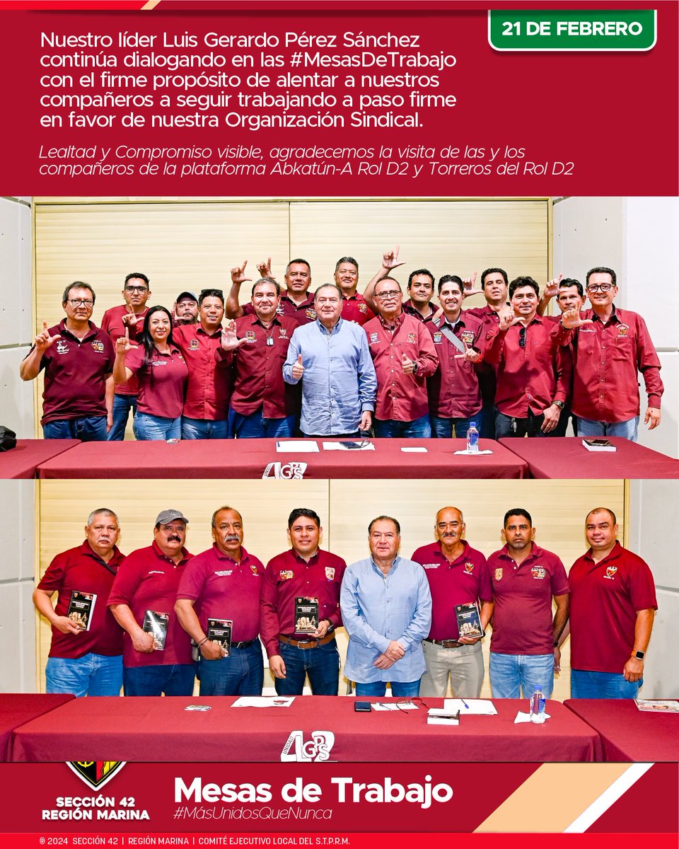 Seccion42_STPRM's tweet photo. Una jornada más trabajando de la mano de nuestro líder Luis Gerardo Pérez Sánchez @lgps03101 y de nuestro Secretario General Marco Antonio Azuara García @MarcoAzuara1 

Gracias a las y los compañeros que nos visitaron el día de hoy.

#MásUnidosQueNunca
#SomosSTPRM
#UnidosVenceremos