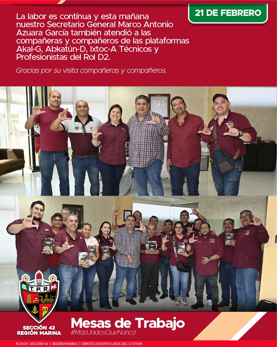 Seccion42_STPRM's tweet photo. Una jornada más trabajando de la mano de nuestro líder Luis Gerardo Pérez Sánchez @lgps03101 y de nuestro Secretario General Marco Antonio Azuara García @MarcoAzuara1 

Gracias a las y los compañeros que nos visitaron el día de hoy.

#MásUnidosQueNunca
#SomosSTPRM
#UnidosVenceremos