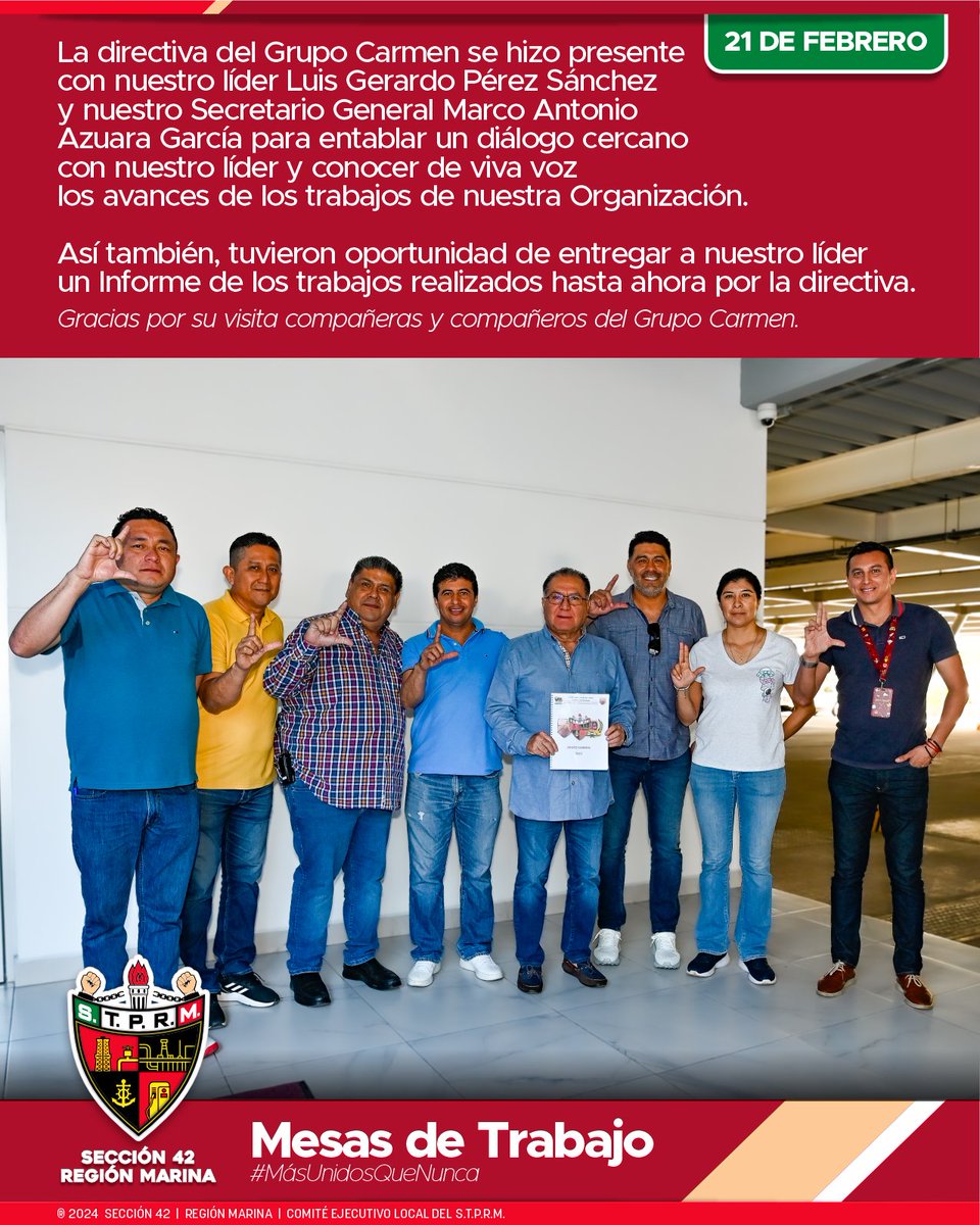 Seccion42_STPRM's tweet photo. Una jornada más trabajando de la mano de nuestro líder Luis Gerardo Pérez Sánchez @lgps03101 y de nuestro Secretario General Marco Antonio Azuara García @MarcoAzuara1 

Gracias a las y los compañeros que nos visitaron el día de hoy.

#MásUnidosQueNunca
#SomosSTPRM
#UnidosVenceremos