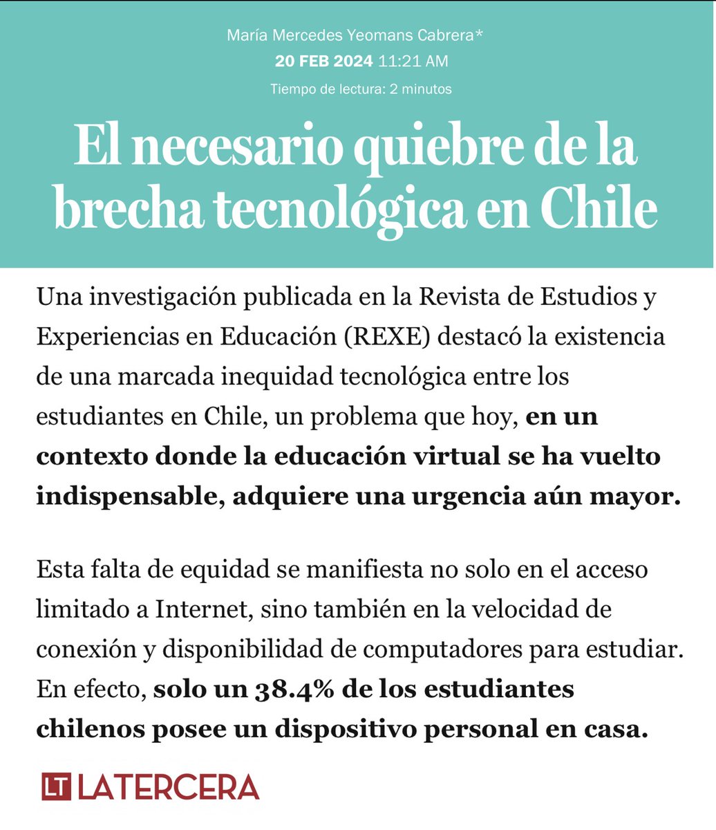 Académica de la Facultad <a href="/SaludSocUDLA/">Facultad de Salud y Ciencias Sociales UDLA</a> <a href="/UDLA_CL/">UDLAChile</a>  se refiere en @LaTercera a estudio sobre #inequidad #tecnológica publicado en <a href="/RevistaRexe/">Revista REXE</a> de la <a href="/ucscconcepcion/">UCSC Concepción</a>. Leer Artículo ➡ lnkd.in/dQzK9QM5

#BrechaSocial #BrechaTecnológica #educación <a href="/UDLAInvestiga/">Investigación UDLA</a> <a href="/QuePasaCL/">Qué Pasa</a>