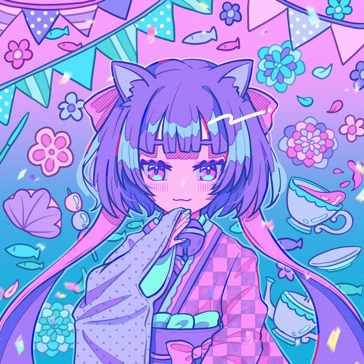 1girl animal ears japanese clothes bell kimono cat ears solo  illustration images