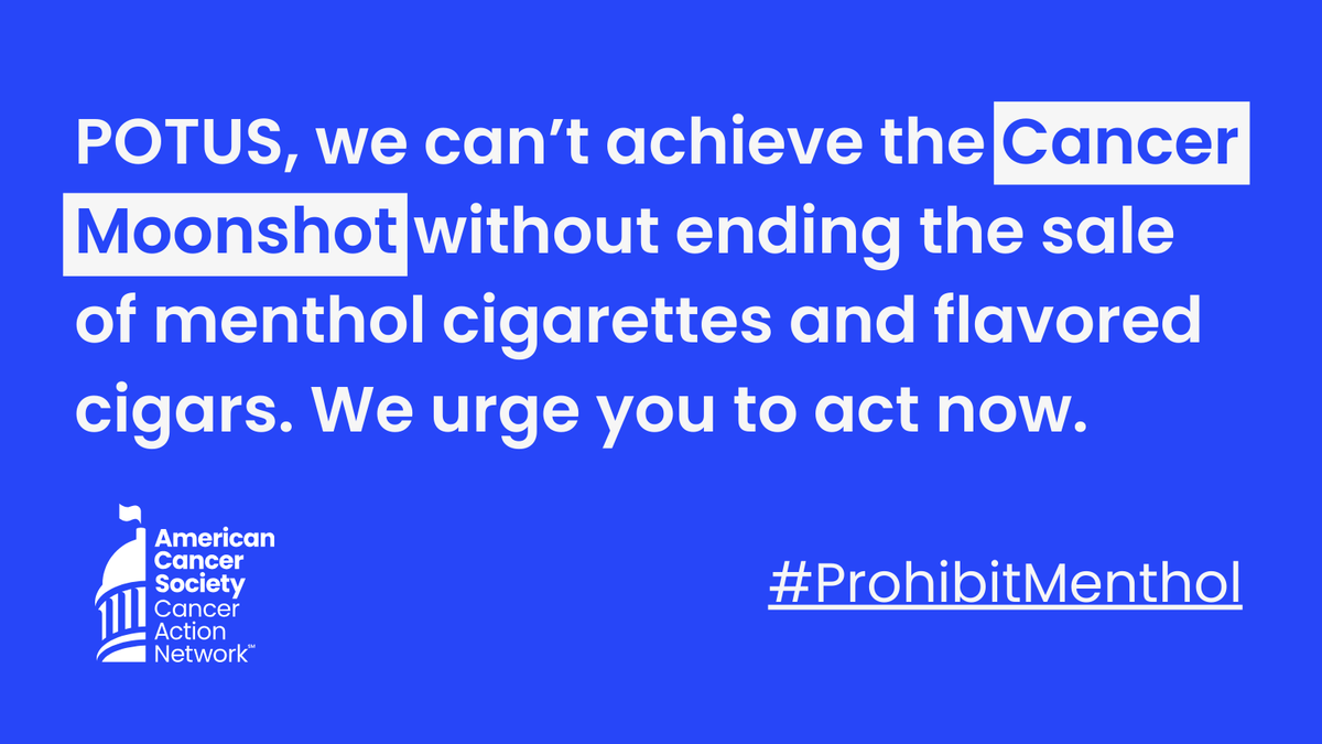 ACSCANTexas's tweet photo. 30% of all cancer deaths are due to smoking. To reach the #CancerMoonshot goals, we must meaningfully address tobacco use. To do that, @POTUS must act to end the sale of menthol cigarettes and all flavored cigars. @WhiteHouse  #ProhibitMenthol https://t.co/6QYVB8Rw2R