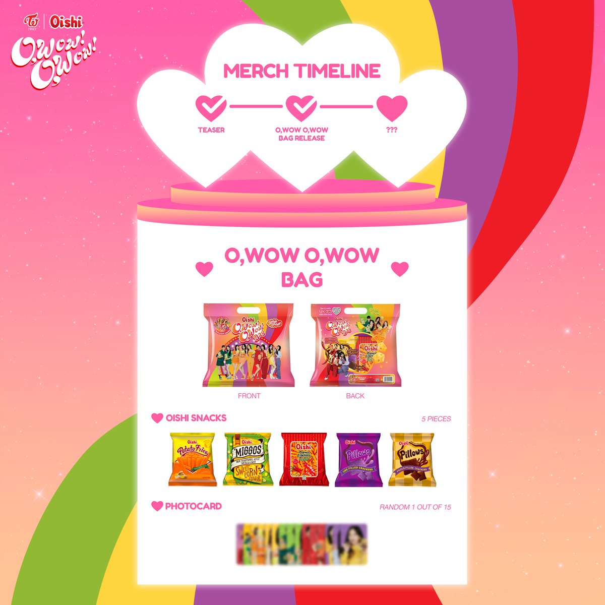 This is what you've been waiting for, Onces!📣GO HARD on the new Oishi #OWowOWow Bag filled with all your favorite SARAP-SARAP snacks and an #OishiTwice photocard! 🍫🌶️🧀🌽 Get yours from leading supermarkets for Php 85 SRP. Collect them now!