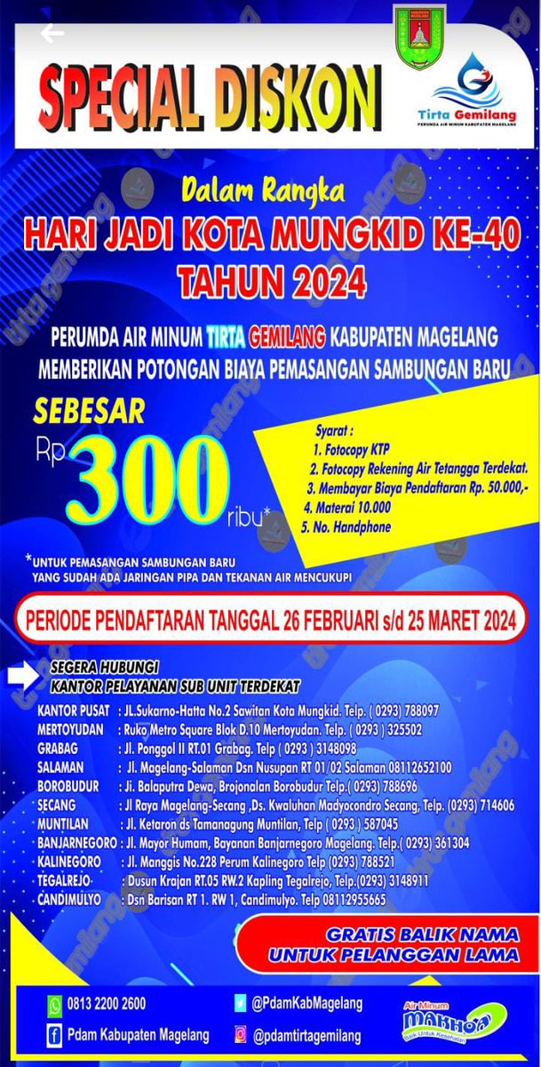 Dalam rangka hari jadi Kota Mungkid ke 40 kami memberikan potongan biayaa pemasangan sambungan baru bagi yang berminat silahkan DM atau reply terimakasih sobat gemilang kami akan selalu meningkatkan pelayanan kami ✨🙏🏻