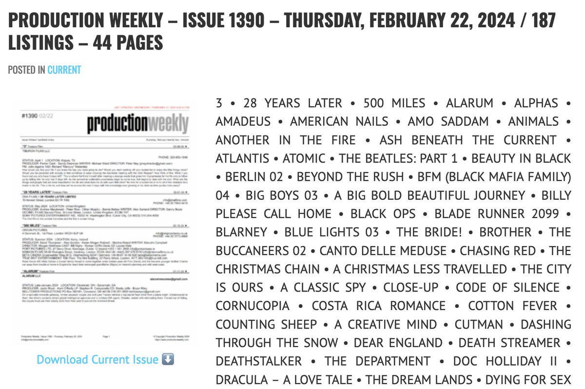 Production Weekly - Issue 1390 - Thursday, February 22, 2024 / 187 Listings - 44 Pages Download Current Issue ⬇️ productionweekly.com/production-wee…