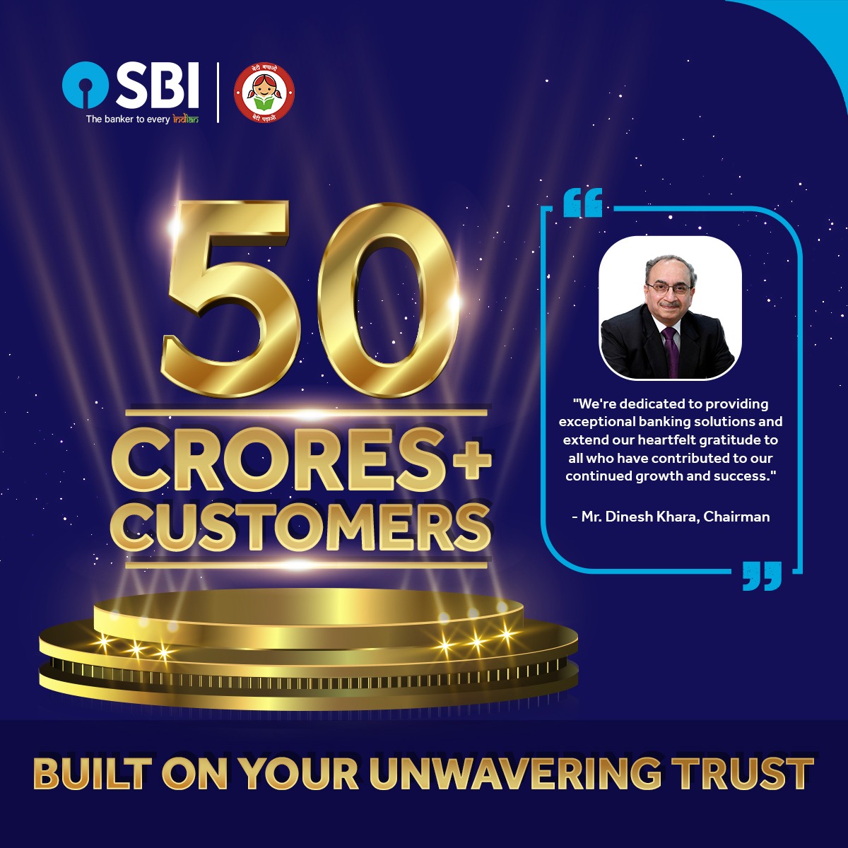 TheOfficialSBI's tweet photo. #TheBankerToEveryIndian celebrates a monumental milestone: 50 crores+ customers and still counting!

We extend our heartfelt gratitude to our Customers, Employees and all other Stakeholders. Your unwavering trust and commitment have propelled us to new heights. Wishing many more milestones together!

#SBI #DeshKaFan #SBICustomersMilestone