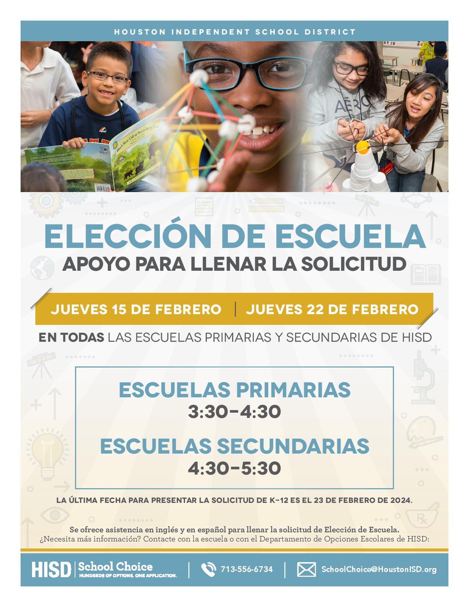 HISD Strategy and Innovation (@hisdinnovation) on Twitter photo All elementary. middle, K-8 and ECC campuses will offer School Choice After School Clinics on Feb. 15th and Feb. 22nd. These clinics are being offered to assist parents with the school choice application. <a href="/HoustonISD/">Houston ISD</a> @HISDChoice All elementary. middle, K-8 and ECC campuses will offer School Choice After School Clinics on Feb. 15th and Feb. 22nd. These clinics are being offered to assist parents with the school choice application. <a href="/HoustonISD/">Houston ISD</a> @HISDChoice