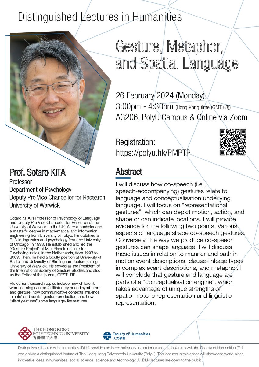 GestureHK's tweet photo. Reminder: Prof. Sotaro Kita 26th Feb talk (hybrid) and 28th workshop (face to face only) The Hong Kong Polytechnic University. To register: talk - https://t.co/aDJupYBmF6; and workshop - https://t.co/C8hc9hgYbh https://t.co/3FJF9P6T5n