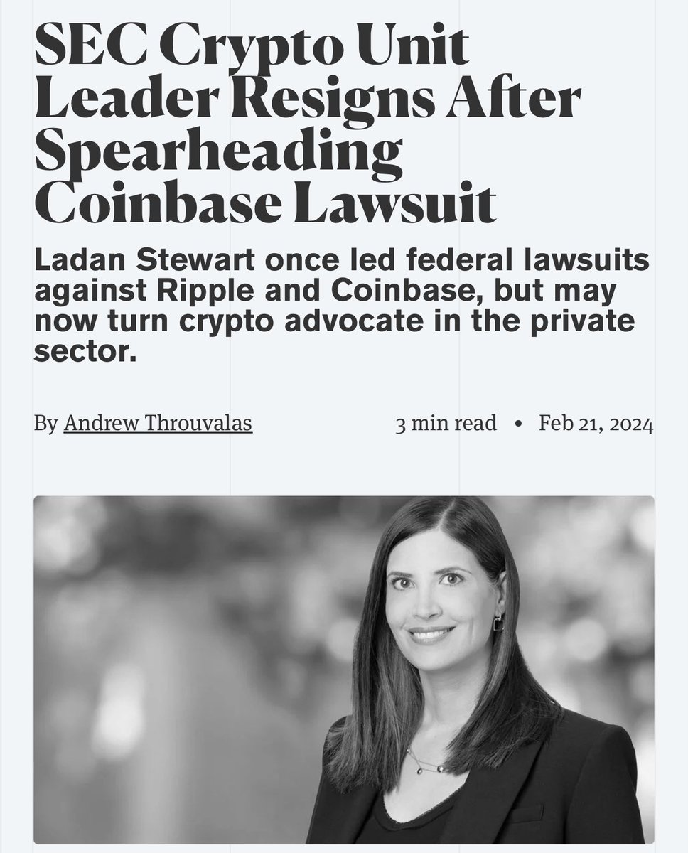 DustyBC's tweet photo. 💥JUST IN: ONE OF THE 🇺🇸 US GOVERNMENT’S MOST COMBATIVE ANTI-CRYPTO LAWYERS (in @Ripple &amp; @coinbase) cases

HAS RESIGNED FROM HER POST TO TAKE A JOB AT A PRO-CRYPTO COMPANY!!!

There’s no future at the SEC…. https://t.co/Q9BWLibaNR