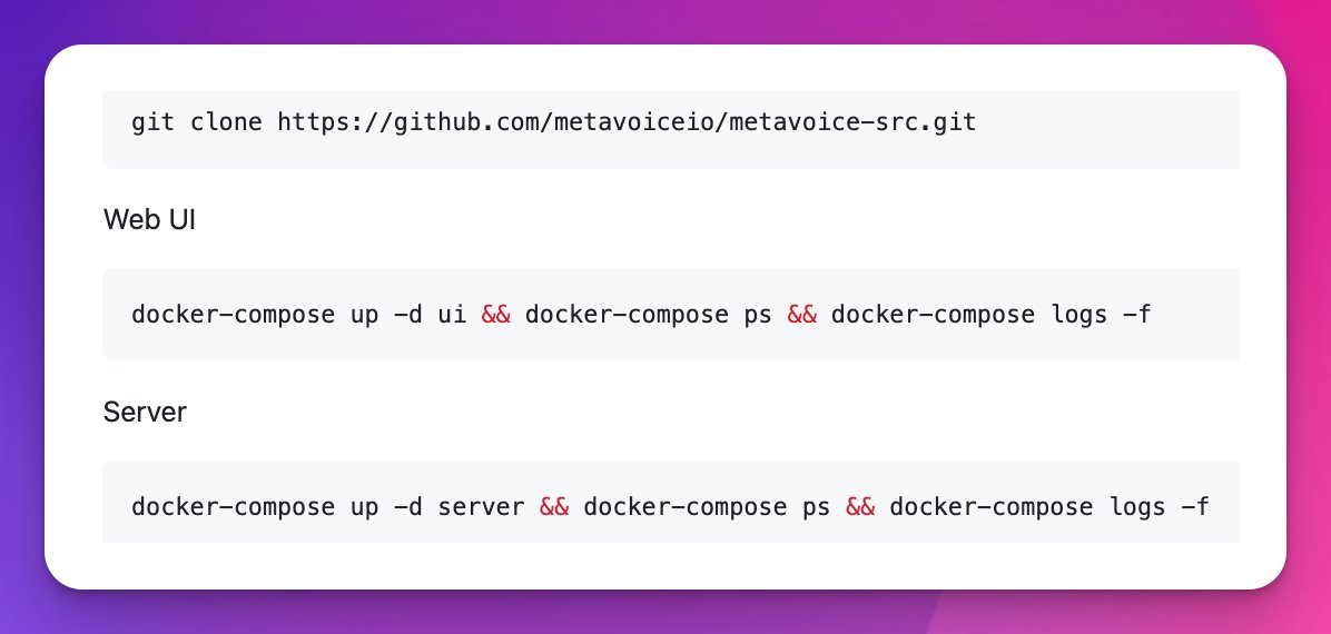 ✨ Getting started with MetaVoice-1B is now smoother than ever with docker-compose! Thanks to @l4b4r4b4b4 &amp; djmaze for their contributions.

Check it out: github.com/metavoiceio/me…