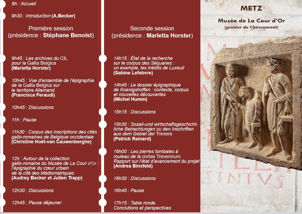 Le 12 mars de 9 à 18h, journée d'études "L'épigraphie de Gaule Belgique, état des lieux", au Musée de La Cour d'Or - Eurométropole de Metz, pilotée par @Audreybibus, co-organisée par le @CRULH3945 .