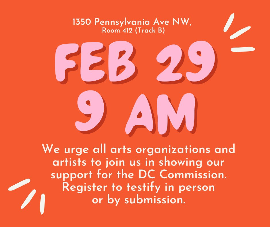 As members of the DC arts community, we are deeply concerned about next week’s Performance Oversight Hearing and potential changes and budget cuts to the DC Commission on the Arts and Humanities. Please submit testimony to show your support. lims.dccouncil.gov/Hearings/heari…