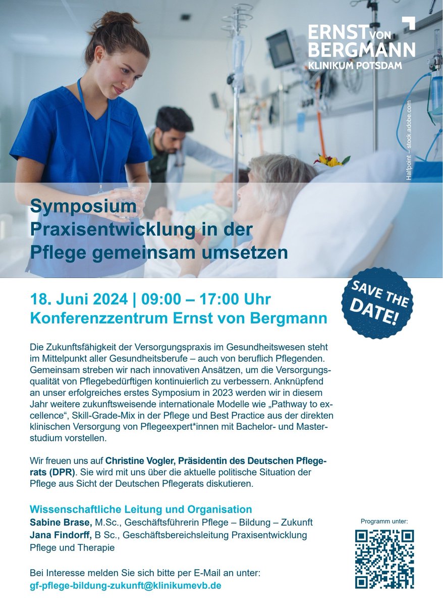 SAVE THE DATE! 🎯

Unser 2. #Symposium im @klinikumevb   für #Praxisentwicklung in der #Pflege findet am 18. 6. 2024 in #Potsdam statt. Die Keynote hält  Christine Vogler, #Präsidentin DPR und informiert über  Herausforderungen im Gesundheitswesen. 

#Pflege #nurse #nursing