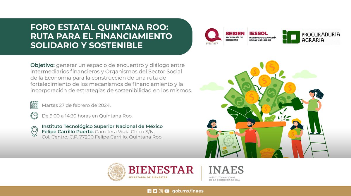 INAESMx's tweet photo. ✅ Este próximo martes 27 de febrero se llevará a cabo el "Foro Estatal Quintana Roo: Ruta para el Financiamiento Solidario y Sostenible" el cuál busca identificar y priorizar estrategias de sostenibilidad. Si vives en Quintana Roo. https://t.co/6QSKTFBsPA