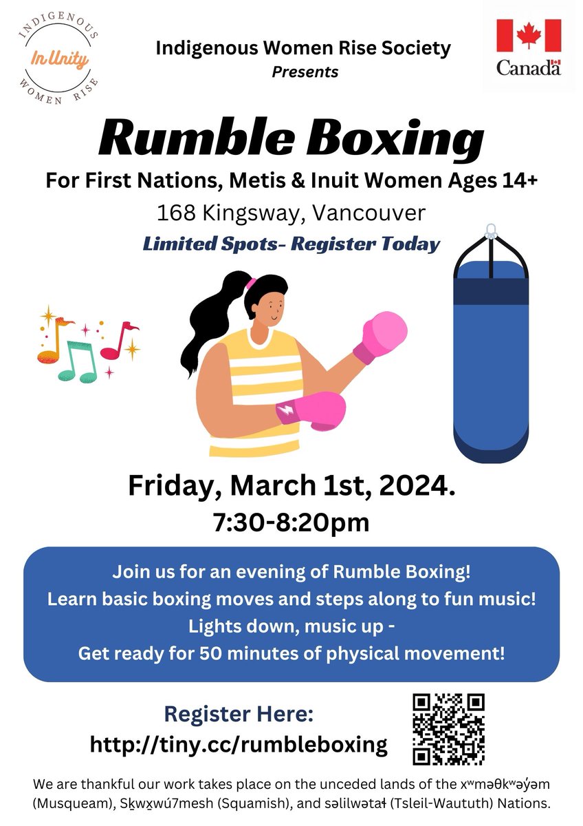 Indigenous women and grils are invited to join us for a boxing class with @Rumble_Boxing on March 1 from 7:30pm-8:20pm. Learn the basics of boxing with fun music and lights! Register at tiny.cc/rumbleboxing @DianaDaydream @Rumble_Boxing