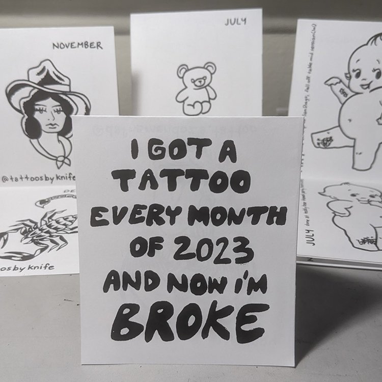 New! I Got a Tattoo Every Month of 2023 is an 18 page zine sharing the tattoos Clau got in 2023, as well as the artists they got them from, and some fun facts about the experiences getting each of them.
Go follow Clau @frog.eyes.toad.heart on Instagram. saturn2169.storenvy.com/products/36746…