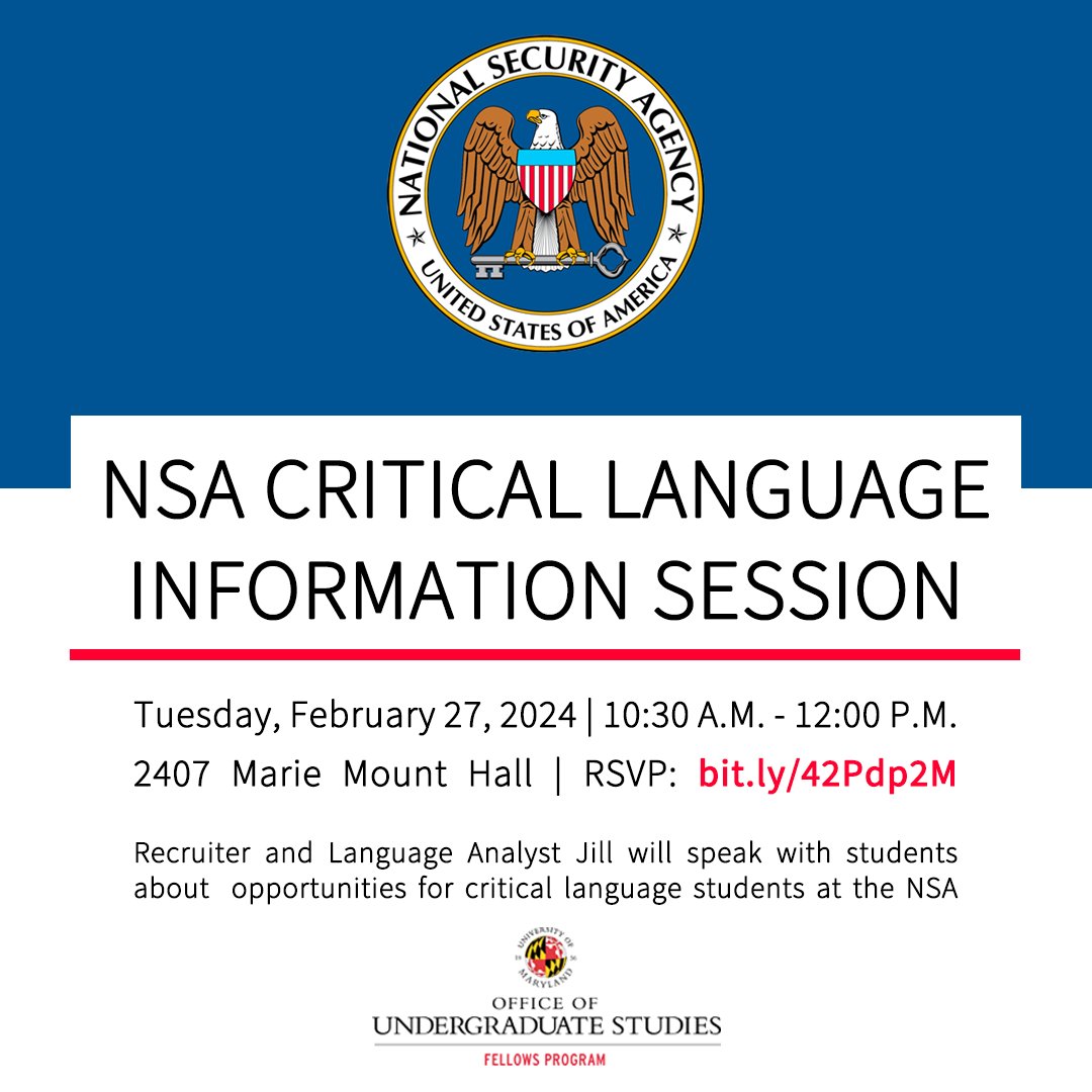 FedGlobFellows's tweet photo. Open to all! Speak with an NSA recruiter and Language Analyst about opportunities for students! RSVP: https://t.co/cCQ8H27qiF #umdfellowsprogram https://t.co/6U89DgkyLa