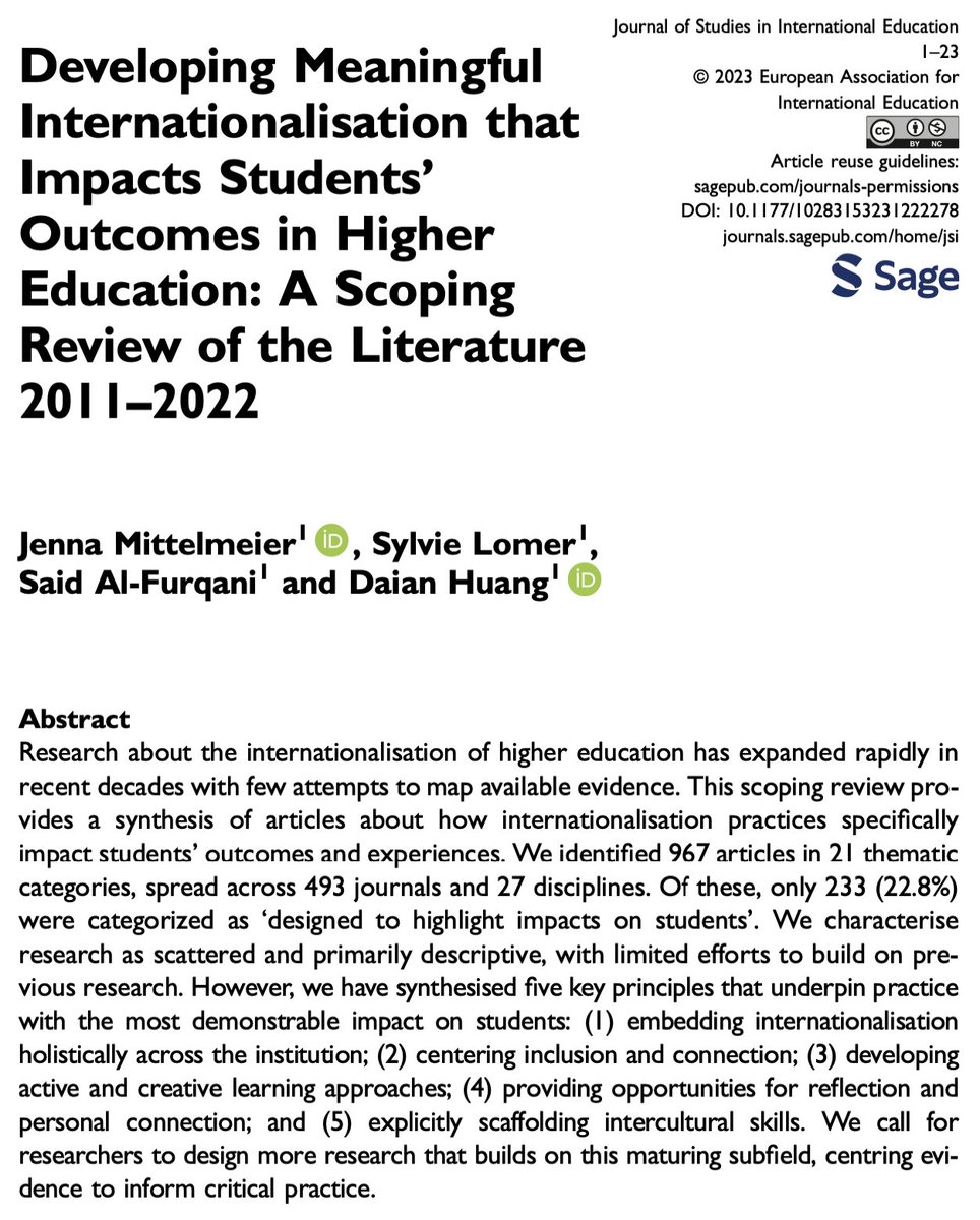 Developing meaningful #internationalisation that impacts students’ outcomes in higher education: a scoping review of the literature 2011–2022 @JLMittelmeier @SE_Lomer @Said_Farqani & @DaianHuang, @EducationUoM 🔓→doi.org/10.1177/102831… #Internationalization #HigherEd #IntlEd