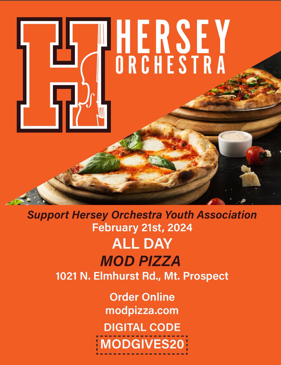 Come on out to MOD Pizza in Mt. Prospect to support the Hersey Orchestra!  Today 2/21!  See you there! <a href="/herseyfinearts/">Hersey HS Fine Arts</a> <a href="/HerseyHuskies/">Hersey High School</a>