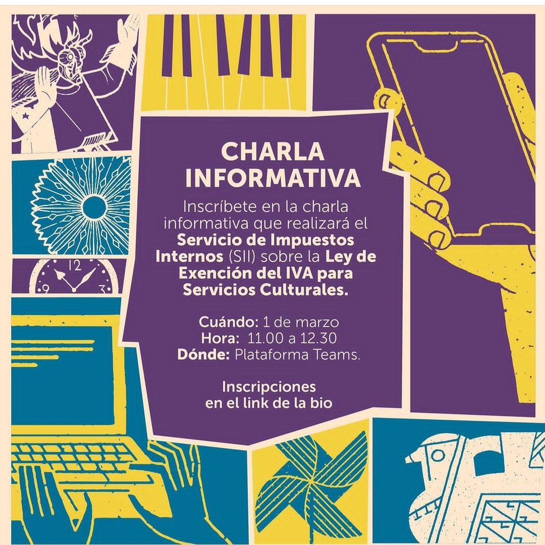 Charla on line sobre detalles y beneficios de la Ley de Exención de IVA para Servicios Culturales.
Cuándo?
Viernes 01 de marzo a las 11:00 hrs
Inscripciones en la bio del IG de <a href="/culturas_cl/">Ministerio de las Culturas</a> o directamente en  forms.office.com/pages/response…
