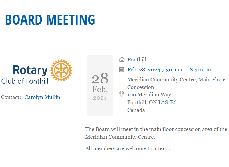 fonthillrotary's tweet photo. #RotaryThisWeek - Board Meeting Wed Feb 28 at 7:30am
Location: Meridian Community Centre - Mail Floor Concession
All Members Welcome!
https://t.co/lK6eVdmCx2
#RotaryClubofFonthill #Rotary7090 #CreateHOPEintheWorld https://t.co/YTMB2QnirF