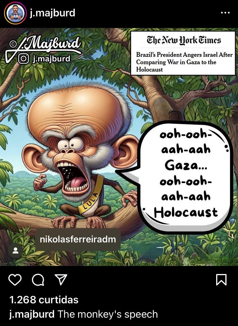LeviKaique's tweet photo. Por que o Nikolas Ferreira está marcado no cartoon de um israelense que retrata o Lula como um macaco ? 

Queria entender https://t.co/f2oitDZXFZ