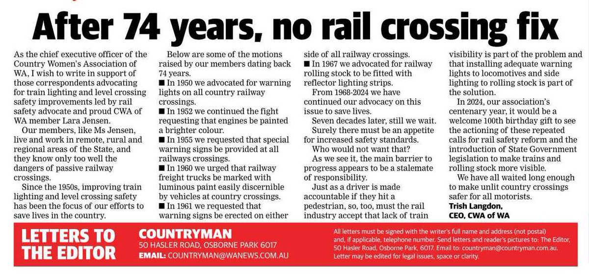 Special thanks to the Countryman newspaper for their ongoing coverage of this rail safety issue. Have a read of CWA of WA CEO Trish Langdon’s brilliant letter in today’s Countryman 22.2.2024. It speaks volumes.