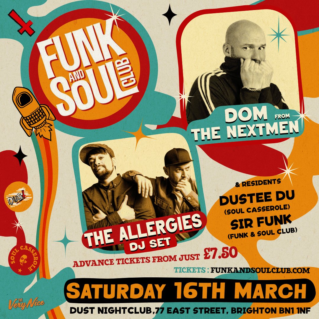 SoulCasserole's tweet photo. https://t.co/ySZXItOUgg

Dust nightclub : 77 East Street Brighton BN1 

Earlybird Tickets: https://t.co/xbsw2K3Fwp / FunkandsoulclubThe Allergies https://t.co/AKXUvkiH7D