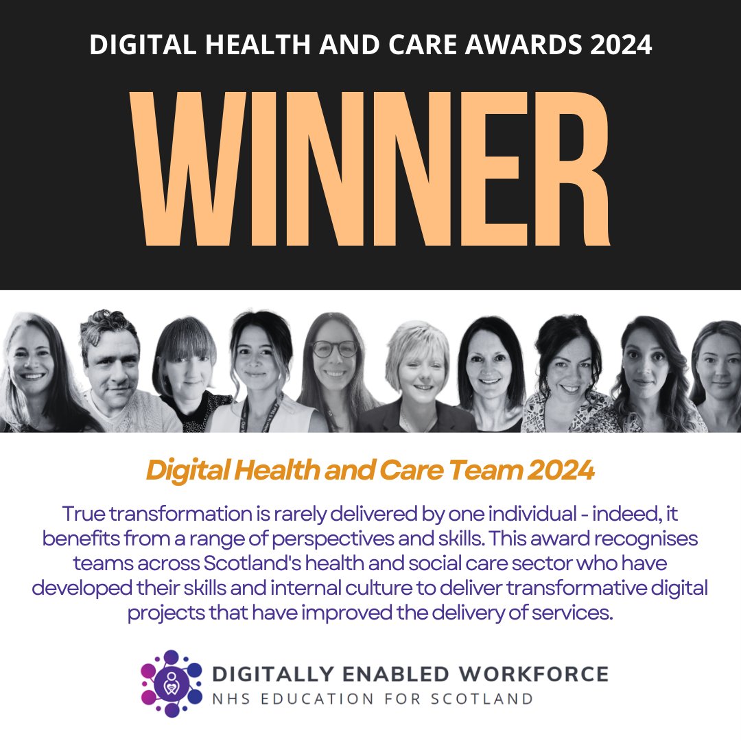 We are thrilled to have won the #DigiHealthCare24 award for the Digital Health and Care Team at tonight’s Health and Care Awards. 🥂🎉🥳 Thanks to @PamDimbers and @EmmaScatterty for collecting on behalf of the team. @NHS_Education