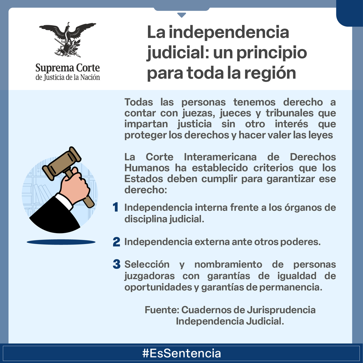 Suprema Corte (@scjn) on Twitter photo La independencia judicial es un derecho de las personas, no un privilegio de las y los jueces. Garantizarla asegura el acceso a la justicia.
Consulta los precedentes que la <a href="/CorteIDH/">Corte Interamericana de Derechos Humanos</a> ha emitido sobre el principio de independencia judicial para la región interamericana. La independencia judicial es un derecho de las personas, no un privilegio de las y los jueces. Garantizarla asegura el acceso a la justicia.
Consulta los precedentes que la <a href="/CorteIDH/">Corte Interamericana de Derechos Humanos</a> ha emitido sobre el principio de independencia judicial para la región interamericana.