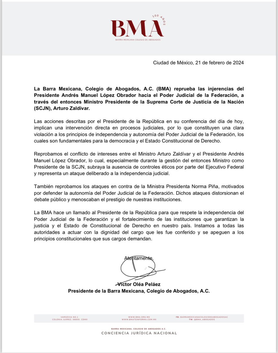 La <a href="/BMA_Abogados/">Barra Mexicana, Colegio de Abogados A.C.</a> reprueba las injerencias del Presidente Andrés Manuel López Obrador hacia el Poder Judicial de la Federación, a través del entonces Ministro Presidente de la Suprema Corte de Justicia de la Nación (SCJN), Arturo Zaldívar.