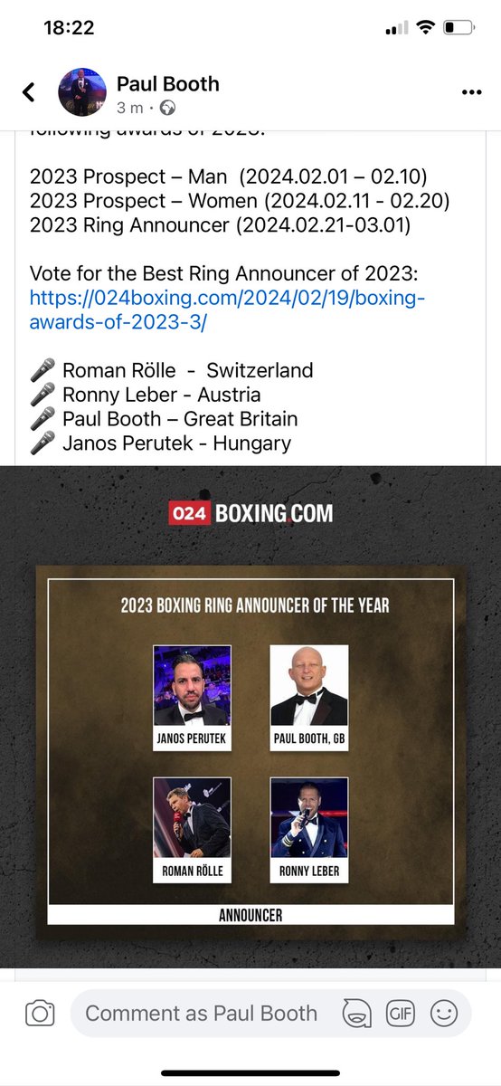 Boxing Ring Announcer of the Year… I’m very proud to have been even nominated for this… especially as my nomination has come from one of the leading supervisors of the IBO ….. Work hard, be honest & be your BEST🥊🎤 #boxingmc #ringannouncer