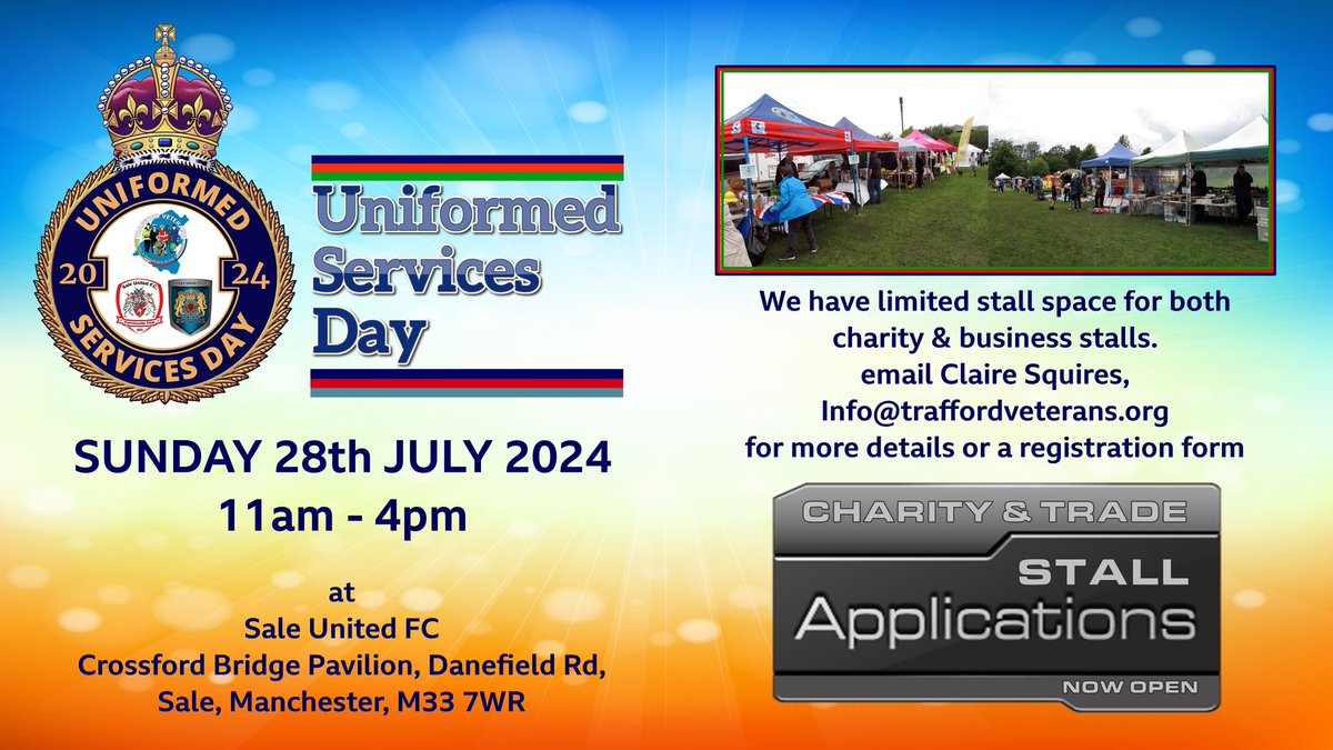 VehicleEvents's tweet image. If anyone would like to book a stall at our Uniformed Services &amp;amp; Family Fun Day 2024 on Sunday, 28th July, please see the poster below for registration details. #M34 #M33 #Sales #Flixton #Trafford #Altrincham #Manchester