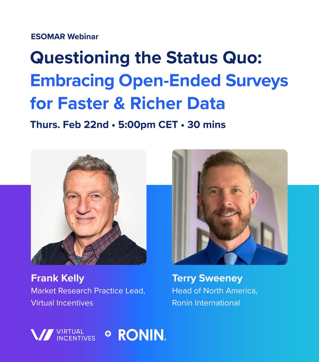 VirtualRewards's tweet image. (3/3)

Join us for a webinar that explores the power of open-ended questions for richer data insights:  hubs.ly/Q02kTJFh0

#VirtualIncentives #Ronin #RoninInternational #ESOMAR #mrx #MarketResearch