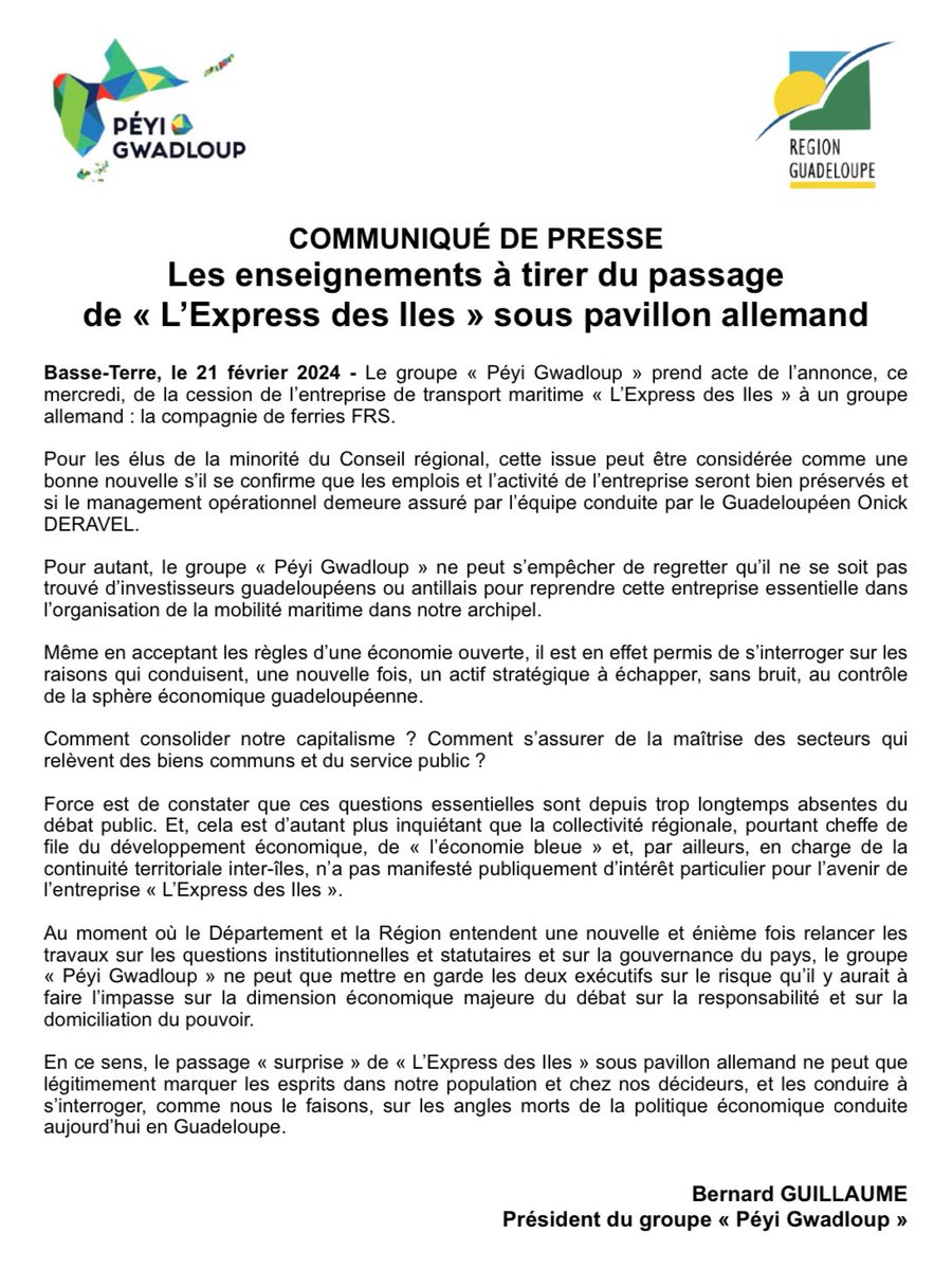 La 1e compagnie de transport maritime inter-îles de #Guadeloupe passe sous pavillon allemand. 
Même en acceptant les règles d’une économie ouverte, nous regrettons qu’un actif stratégique échappe ainsi sans bruit à la sphère économique locale.
Des enseignements à en tirer ⤵️