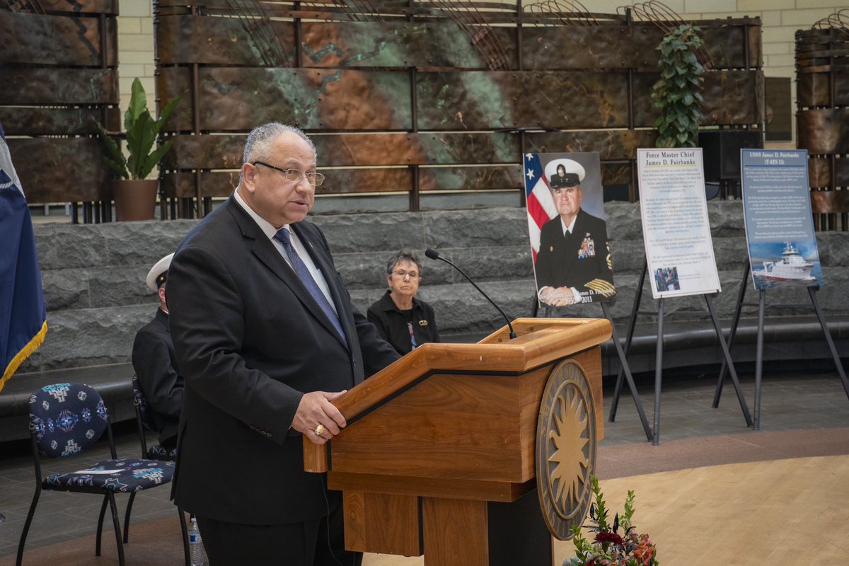 SECNAV's tweet image. 1 of 2: Honored to name T-ATS 13 after James D. Fairbanks, the 13th Force Master Chief Petty Officer of the #Seabees, Minnesotan &amp;amp; Chippewa Tribe member. Thanks @GovTimWalz, White Earth Indian Reservation Chairman Michael Fairbanks &amp;amp; @SmithsonianNMAI for helping us celebrate!