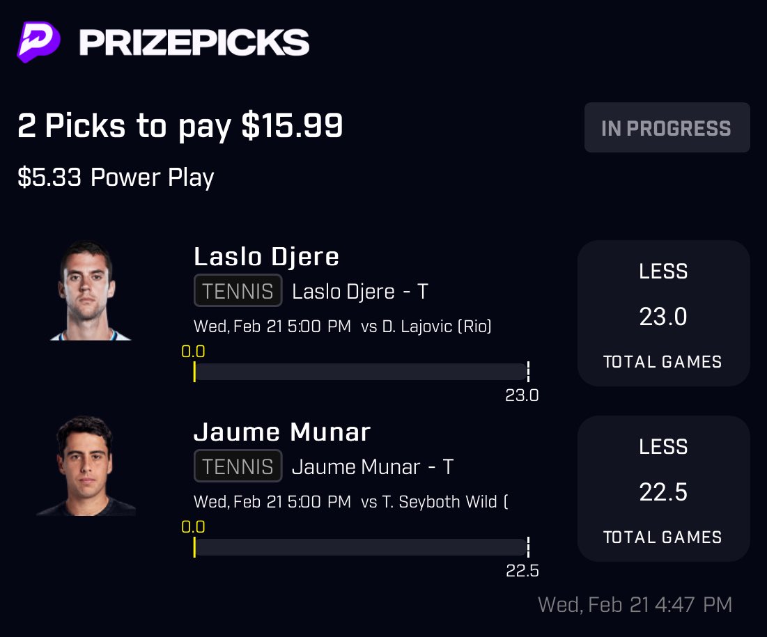 DexterityDFS's tweet photo. First tennis slip

I did my research and applied my formula, let’s see. 
Leave a 𝐥𝐢𝐤𝐞 if tailing +  𝐟𝐨𝐥𝐥𝐨𝐰 @MPMRae for more FREE VALUE 📊✅ 

Copy my PrizePicks entry using this link: 
https://t.co/enRvIq8i6M
#GamblingCommunity #SportsGambling #DFS #eV #SportsBetting #PrizePicks #ParlayPlay #JockMKT #PlayerProps
