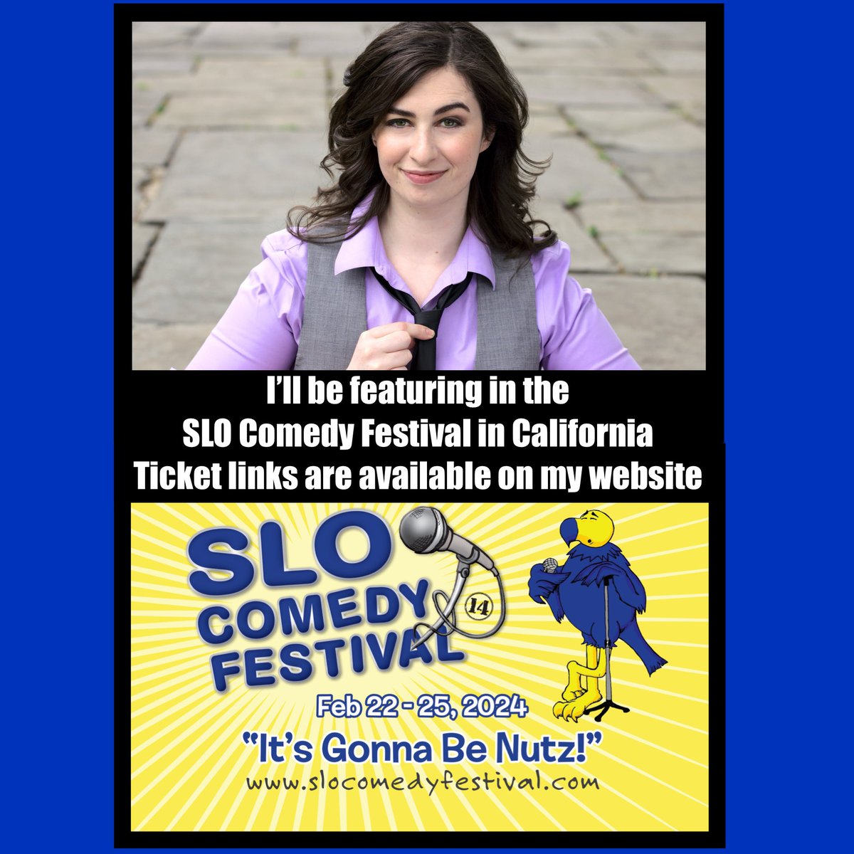 Very excited to announce I will be part of SLO Comedy Festival in San Luis Obispo California February 22-25. All ticket links are available here: laurahighfive.com/news