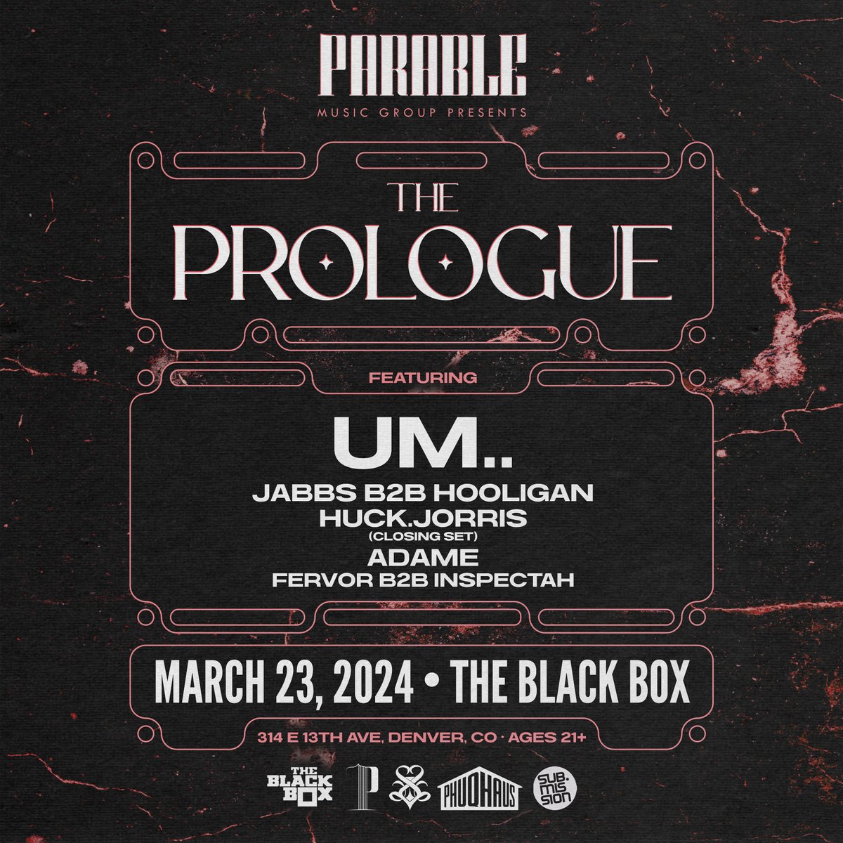 The Black Box (@theblackbox5280) on Twitter photo New Event!
--
03.23 (The Black Box)
<a href="/ParableMG/">Parable Music Group</a> presents
<a href="/UmDotDot/">um..</a>
Jabbs B2B <a href="/Hooligan_als/">✨Booligan✨</a>
<a href="/huckdotjorris/">huck.jorris</a>
@adamenoise
<a href="/Fervorbass/">Greg</a> B2B <a href="/Inspectah_music/">INSPECTAH 🔍</a>
--
Tickets on-sale now!
bit.ly/ParableMusicGr… New Event!
--
03.23 (The Black Box)
<a href="/ParableMG/">Parable Music Group</a> presents
<a href="/UmDotDot/">um..</a>
Jabbs B2B <a href="/Hooligan_als/">✨Booligan✨</a>
<a href="/huckdotjorris/">huck.jorris</a>
@adamenoise
<a href="/Fervorbass/">Greg</a> B2B <a href="/Inspectah_music/">INSPECTAH 🔍</a>
--
Tickets on-sale now!
bit.ly/ParableMusicGr…