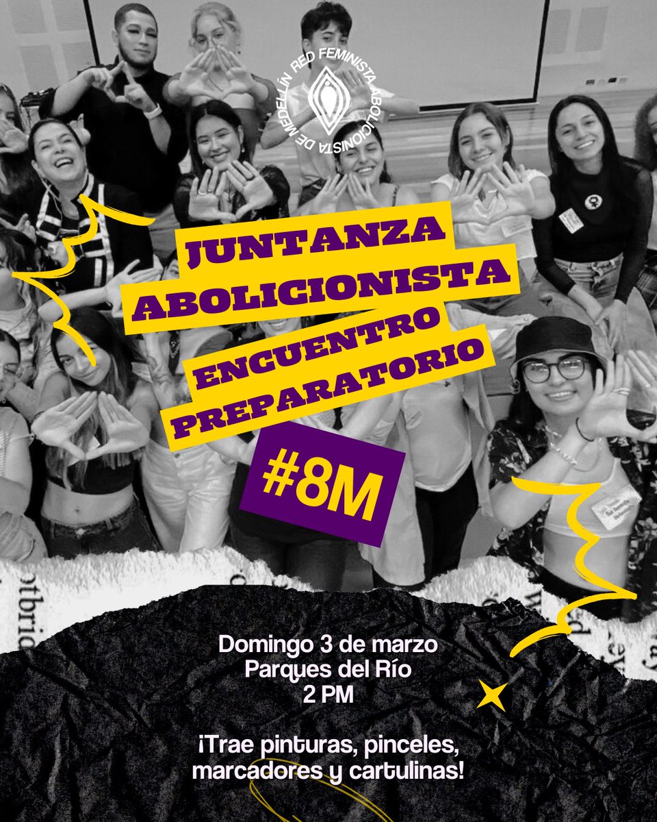 Te invitamos a la juntanza abolicionista de cara al 8M. 💜💚
Únete a nosotras el domingo 3 de marzo a las 2pm en Parques del Río. Trae contigo tu creatividad y todo lo necesario para preparar los carteles y actividades para la marcha. 

¡Juntas hacemos historia! 💜 #Abolicion #8M