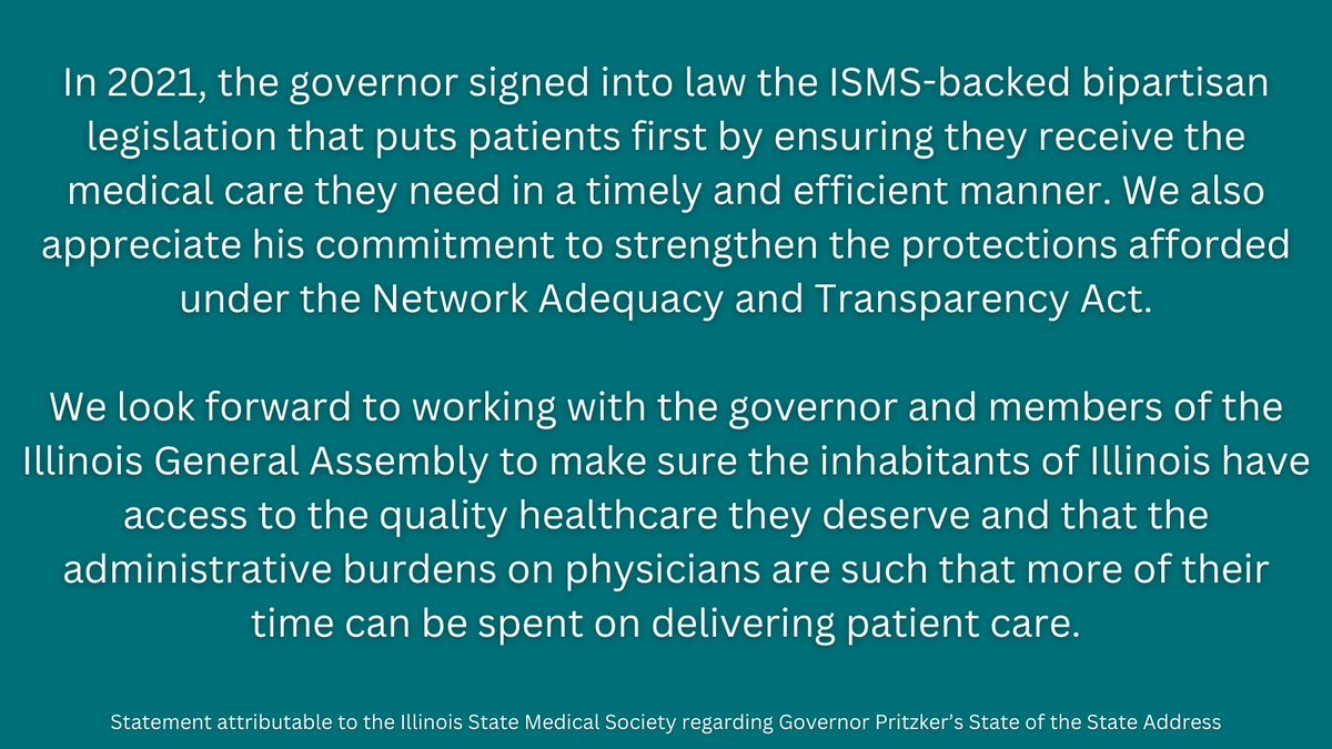 Illinois physicians thank @GovPritzker for his continued support to ensure patient access to medical care and advancing further improvements to the #PriorAuthorization Reform Act. Read our statement here
@SenatorHolmes @senatorcastro