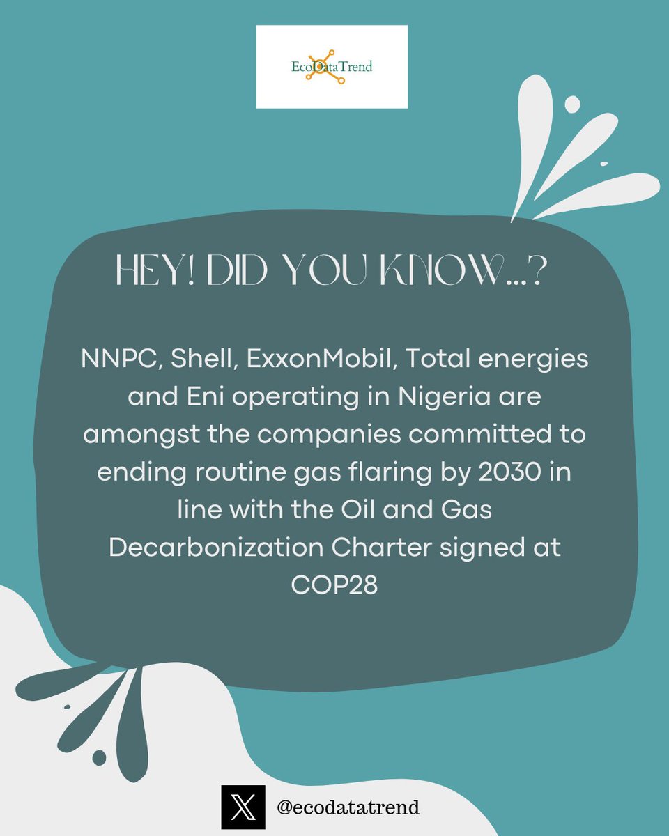 Did You Know?

NNPC, Shell, ExxonMobil, Total energies and Eni operating in Nigeria are amongst the companies committed to ending routine gas flaring by 2030 in line with the Oil and Gas Decarbonization Charter signed at COP28

#gasflaring #cop28 #oilandgas #Nigeria