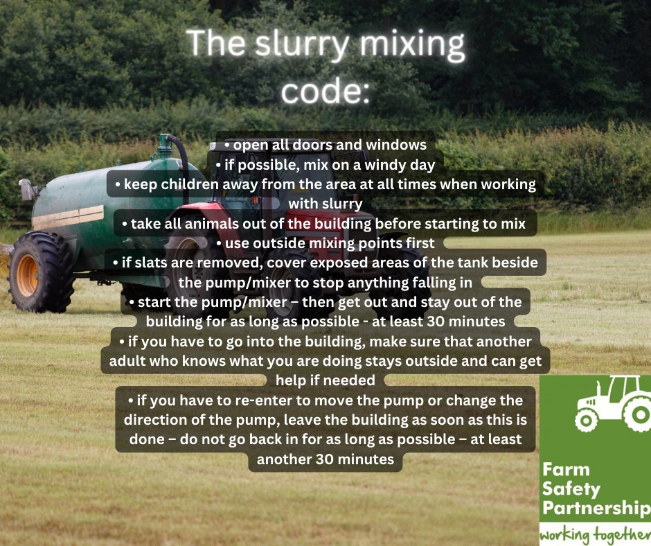 #FarmSafetyHour #SlurrySeason Please remember these key points when working with or around #slurry Just one breath of slurry gas can be fatal #FarmSafety #EveryoneHomeSafe