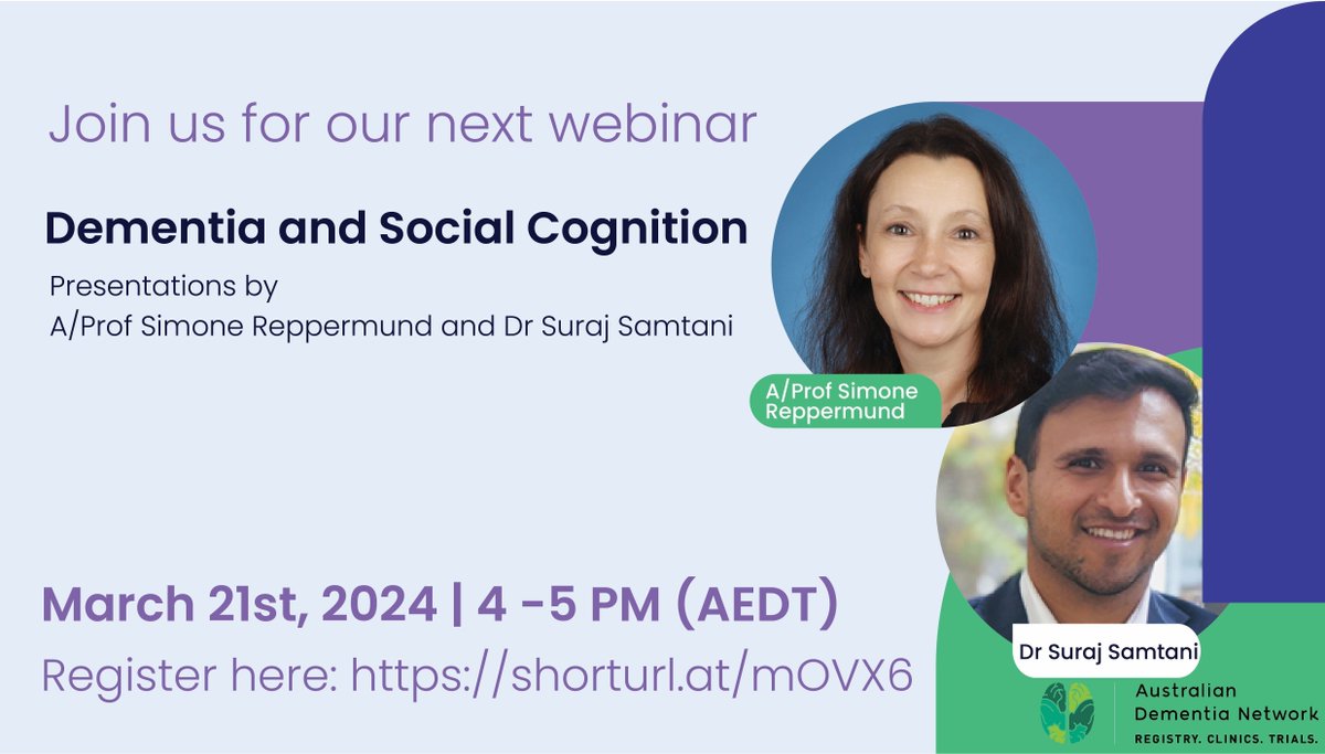 New webinar on Dementia & Social Cognition! Part 1: Social cognition & dementia- Warning signs & interventions & Part 2: Social determinants of health in ageing & dementia – an overview of current research direction. When: March 21st | 4-5pm AEST Register buff.ly/4bKcUuX