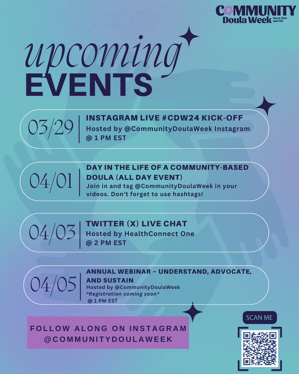 HealthConnect One invites you to celebrate Community Doula Week (#CDW24) for its 3rd official year🤩! 
Save the date March 29th to April 5th! 

#CommunityDoulas #CommunityDoulaWeek #WhyCommunityDoulasMatter #UnderstandAdvocateSustain

💜