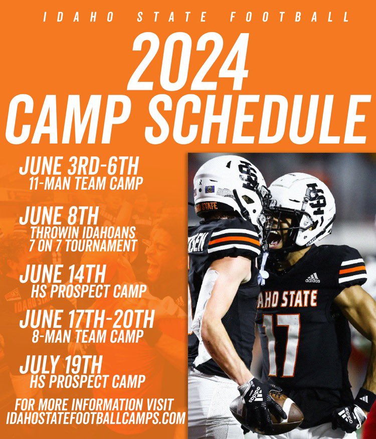 ⛺️‼️2024 Idaho State Football Camps‼️⛺️ 🗓️ 11-Man Team Camp June 3rd-6th 🗓️ Throwin Idahoans 7 on 7 Tournament June 8th 🗓️ 8-Man Team Camp June 17th-20th 🗓️ High School Prospect June 14th, July 19th ✍️ Register idahostatefootballcamps.com