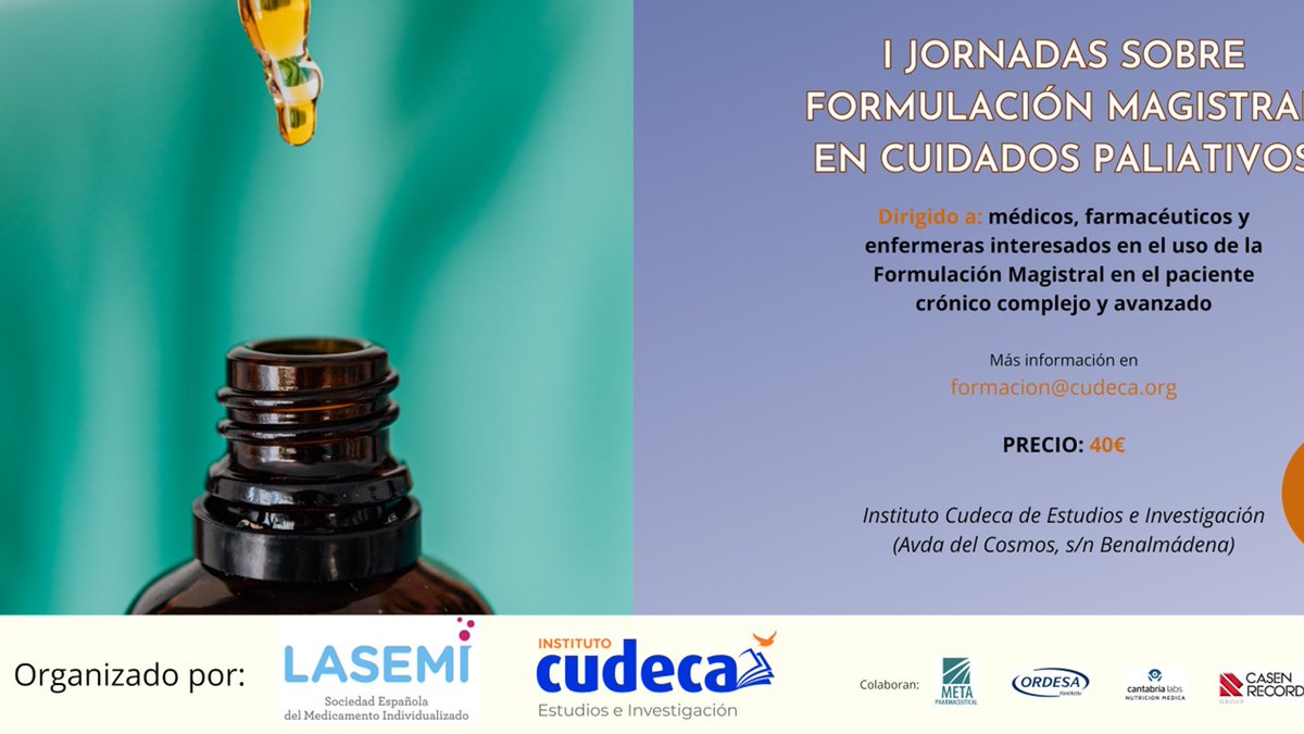 Mañana es el día D, de las I JORNADAS SOBRE FORMULACIÓN MAGISTRAL EN CUIDADOS PALIATIVOS de @CudecaFormacion .
Compartiremos desarrollo con estas etiquetas: #formulaciónmagistral y #cuidadospaliativos
Etiqueta a <a href="/cudeca/">Fundación Cudeca</a>  @CudecaFormacion y <a href="/LASEMI_es/">LASEMI</a> para mayor difusión.