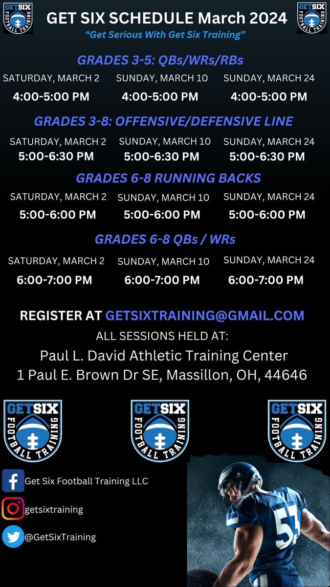 GetSixTraining's tweet photo. March is a big schedule!!!! Slight change in the young group as Running backs will go at the same time as QBs and Receivers!!!! Older grades stay separate! Sign up as our first March date is Saturday, March 2nd!!! #GETSIX https://t.co/uY1cPNiBKa