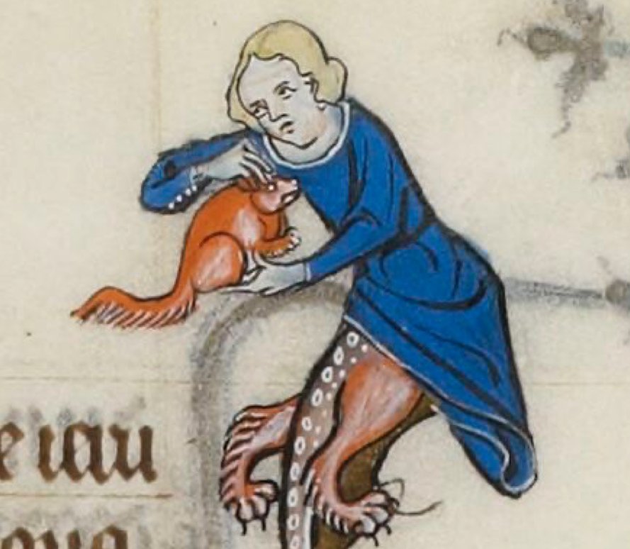 Medieval_Badger's tweet photo. Pat your pet squirrel affectionately like this hybrid human on #NationalLoveYourPetDay (@laBnF Latin 10483 f. 260r, early 14th c. breviary) #SquirrelsofTwitter https://t.co/xsEYYaWBzH